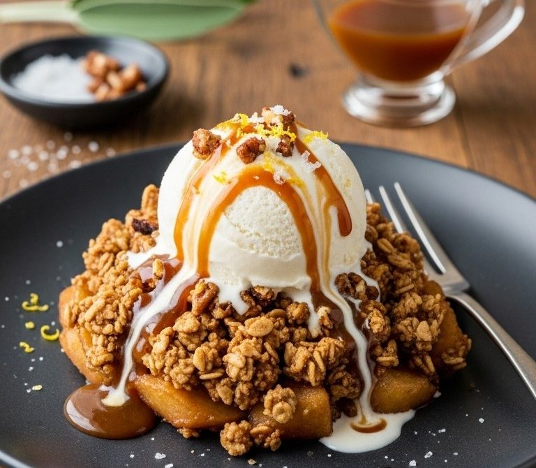 Skillet Brown-Butter Apple Crisp with Toasted Oats & Pecans and Warm Bourbon Caramel
