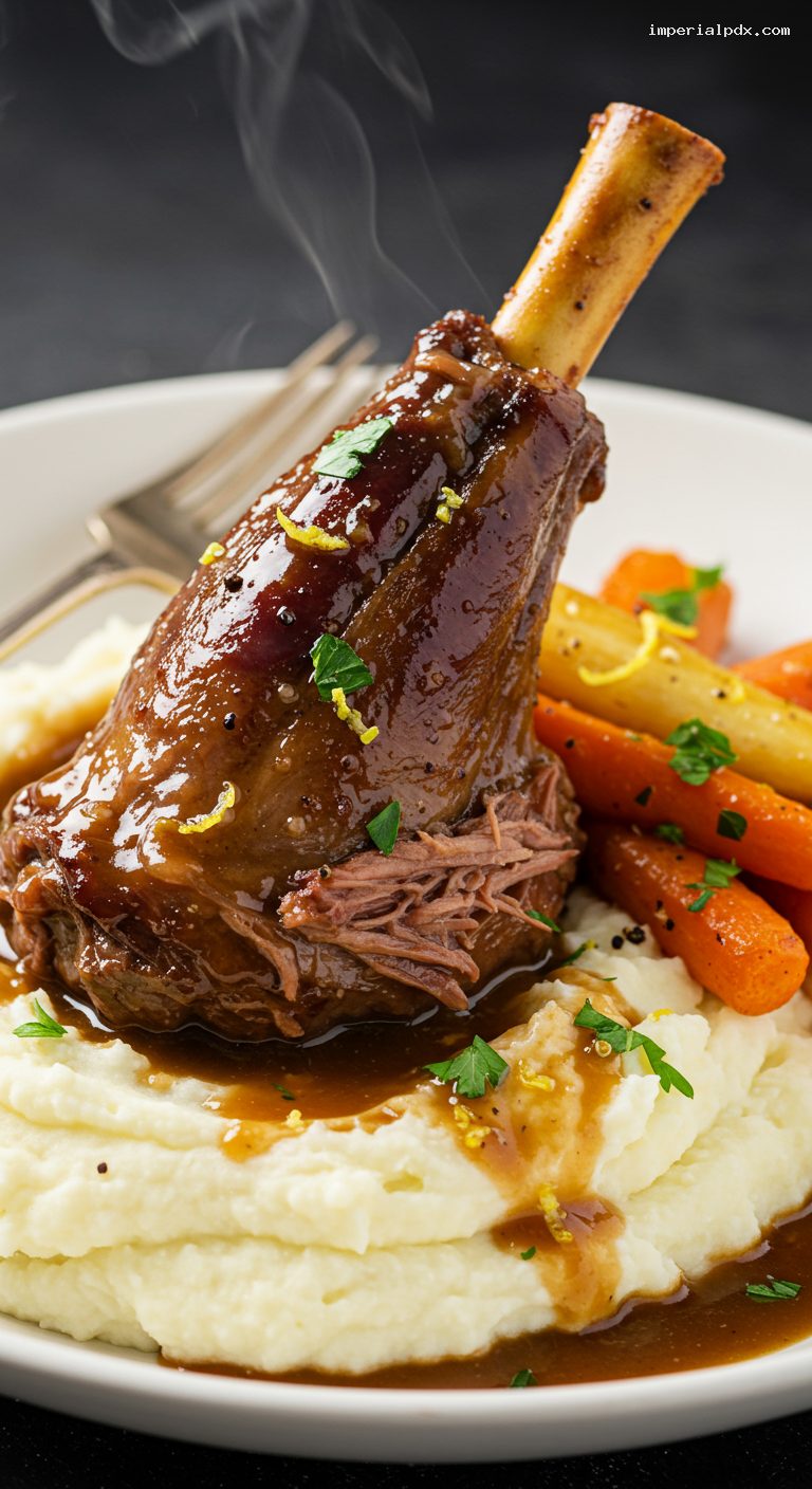 Ale-Braised Lamb Shanks with Carrots and Parsnips – Closeup
