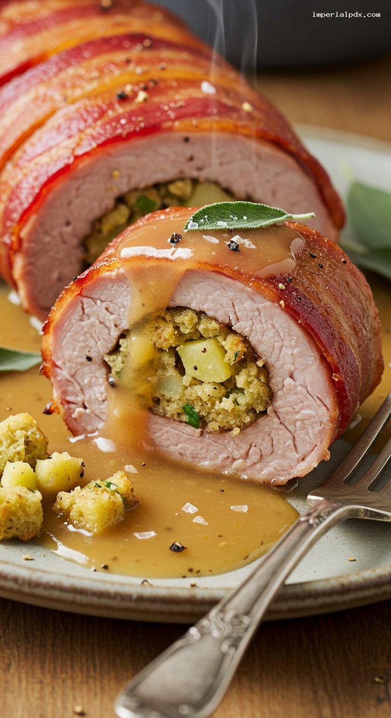Bacon-Wrapped Stuffed Pork Tenderloin with Apple Sage Gravy – Closeup