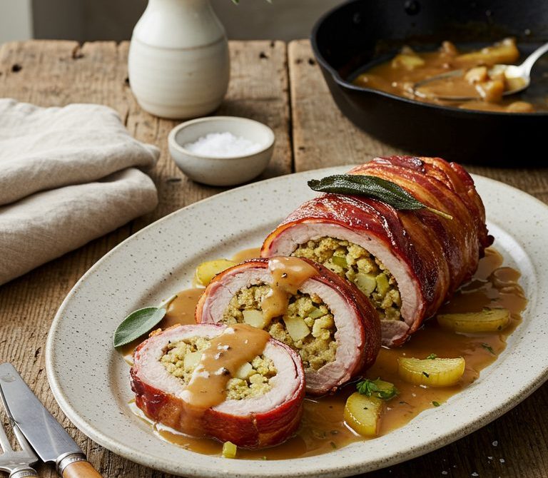 Bacon-Wrapped Stuffed Pork Tenderloin with Apple Sage Gravy
