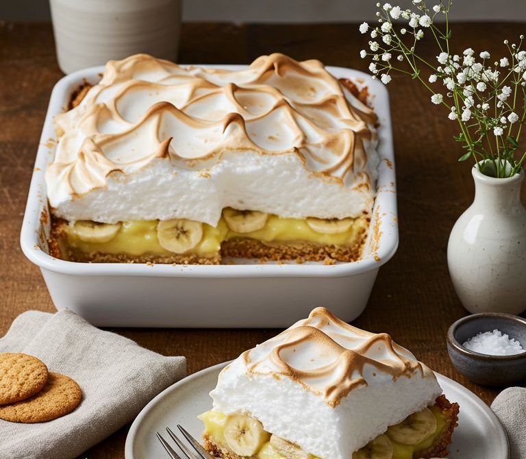 Banana Pudding Pie with Vanilla Wafer Crust and Toasted Swiss Meringue