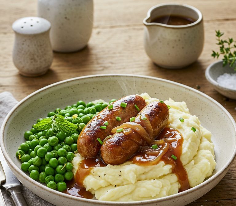 Bangers and Mash with Caramelized Onion Gravy