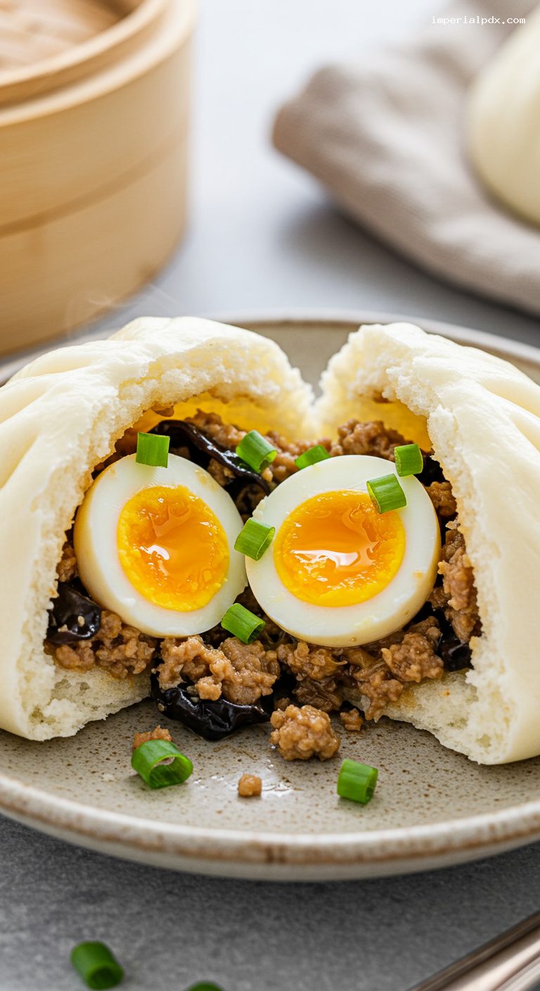 Banh Bao: Fluffy Steamed Pork Buns with Quail Egg – Closeup