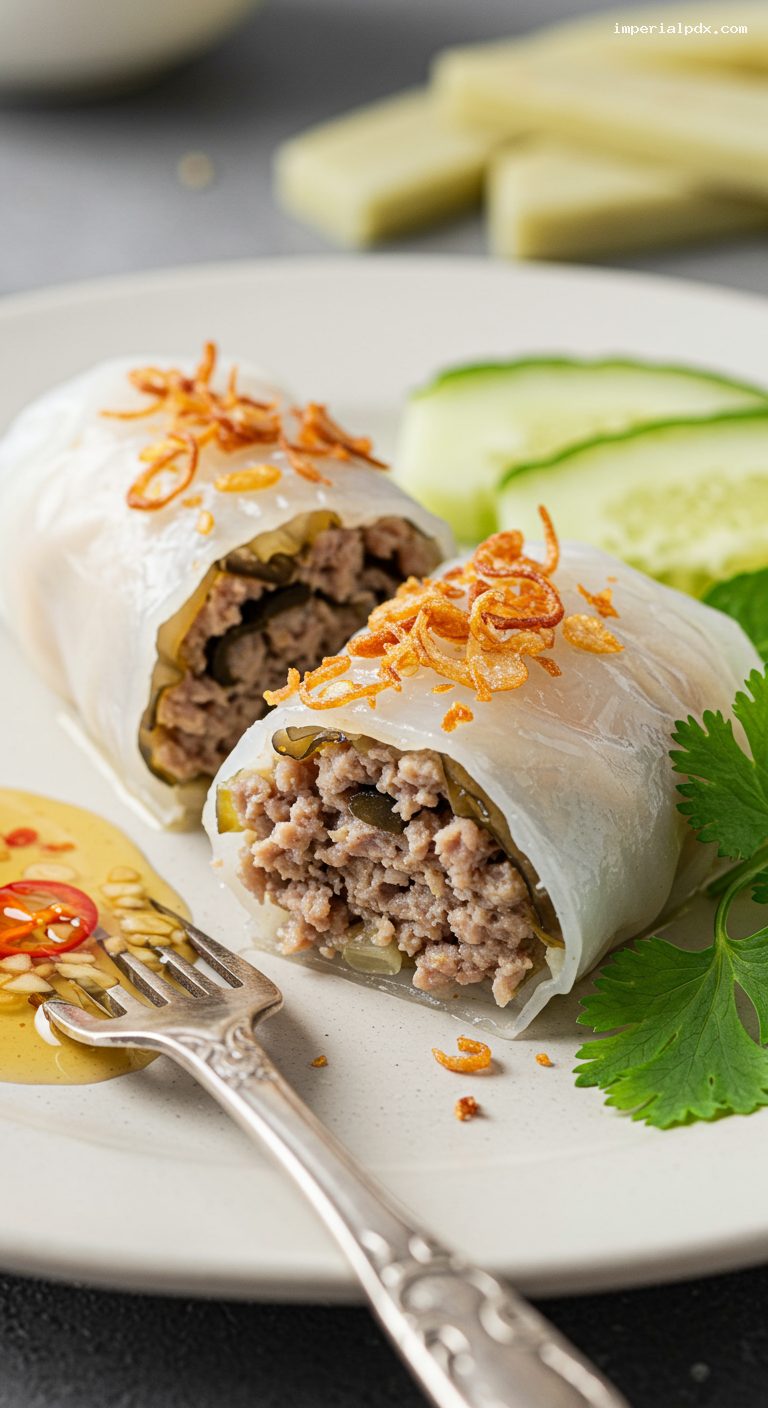 Banh Cuon with Pork, Wood Ear, and Nuoc Cham – Closeup