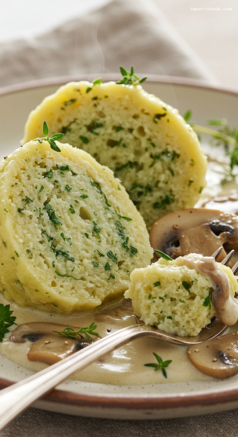 Bavarian Bread Dumplings with Creamy Mushroom Ragout – Closeup