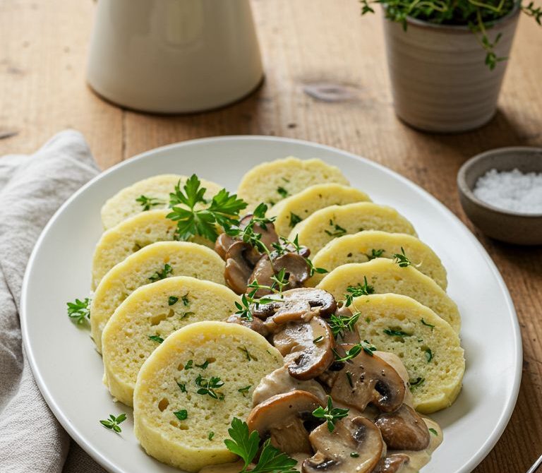 Bavarian Bread Dumplings with Creamy Mushroom Ragout