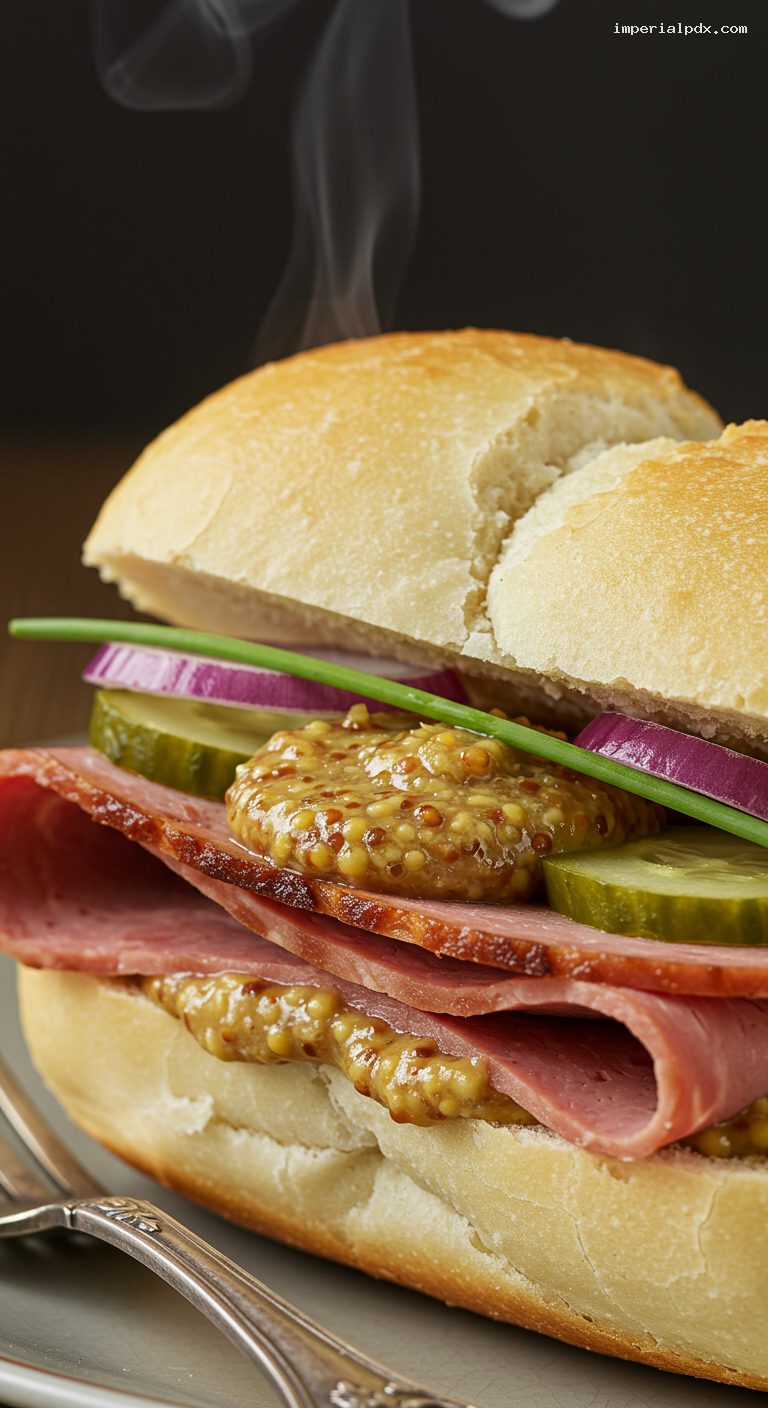 Bavarian Leberkäse Semmel with Sweet Mustard – Closeup