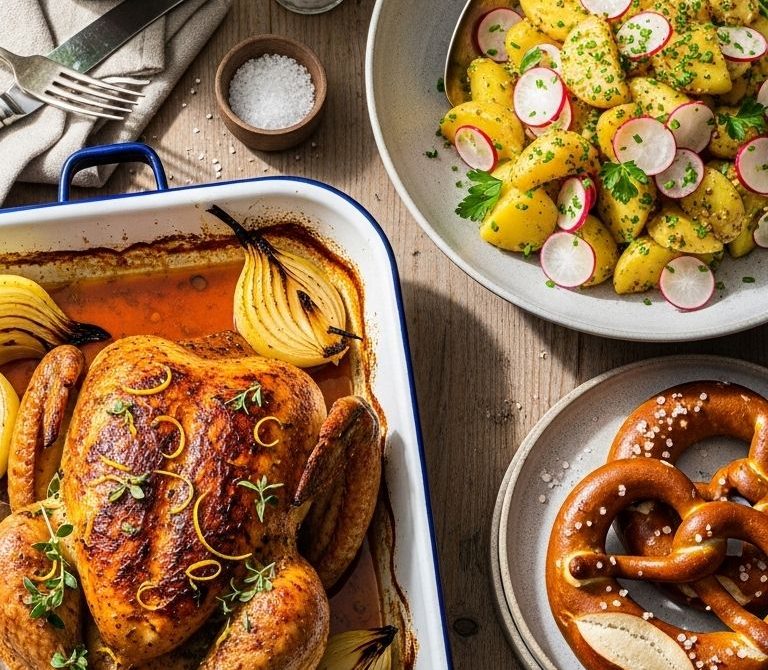Bavarian Roast Chicken with Warm Potato-Radish Salad