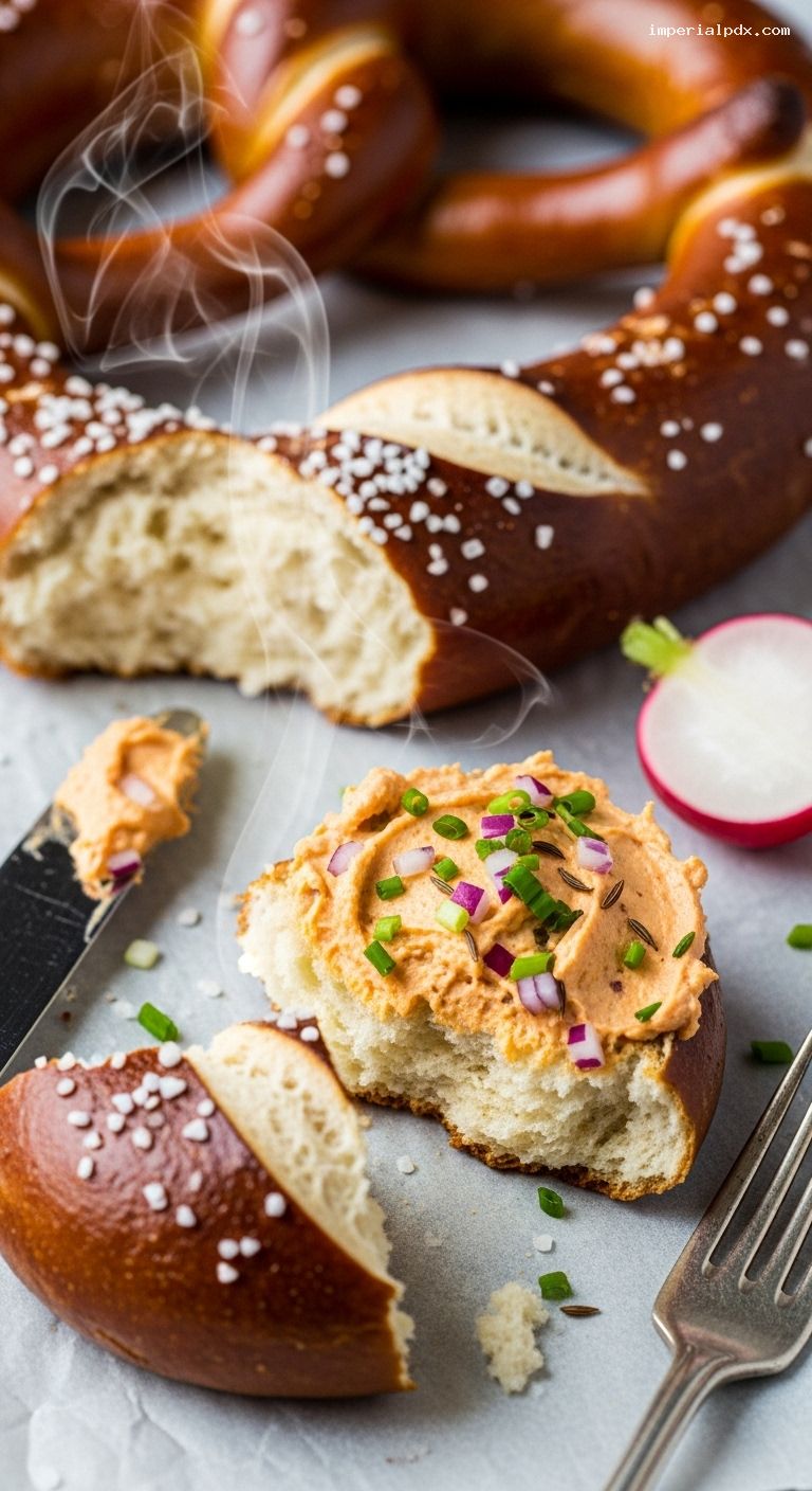 Bavarian Soft Pretzels with Obazda and Radishes – Closeup