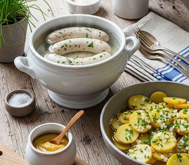 Bavarian Weißwurst Breakfast with Pretzels and Sweet Mustard