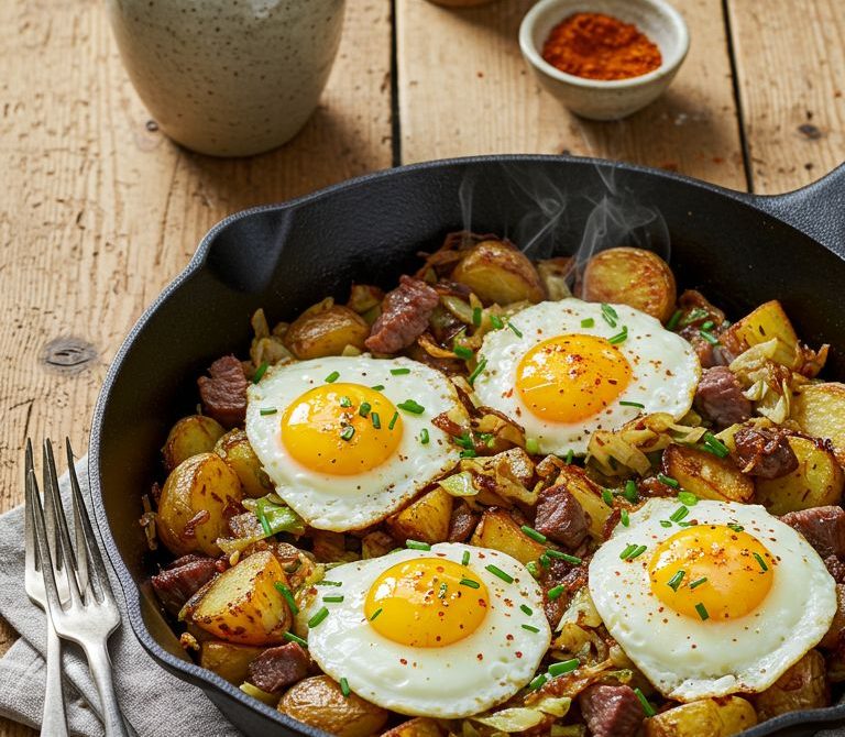 Beef and Cabbage Skillet Hash with Fried Egg