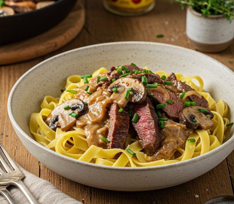 Beef Stroganoff Noodles with Mushrooms and Chives