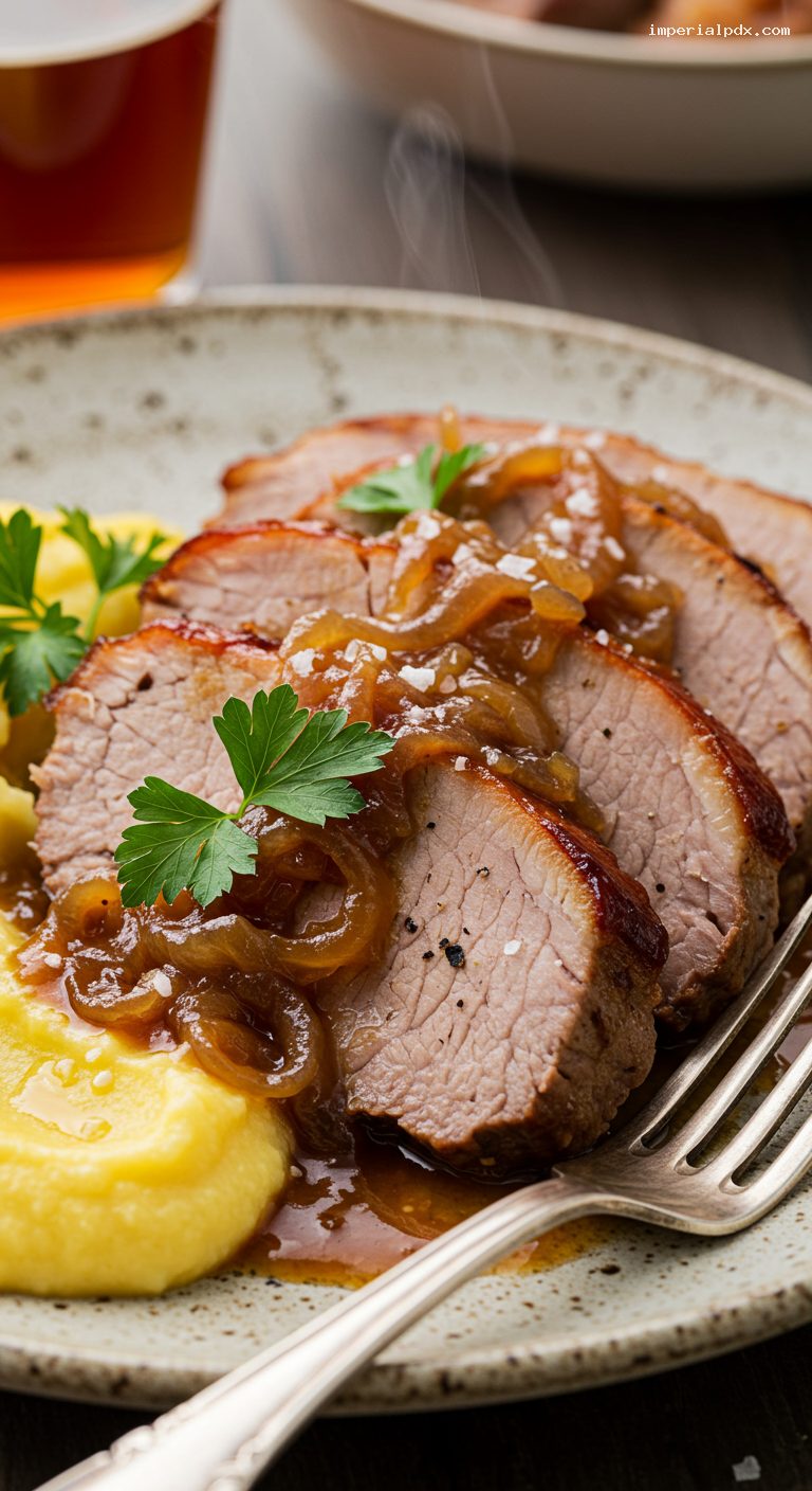 Beer-Braised Pork Shoulder with Onions and Herbs – Closeup