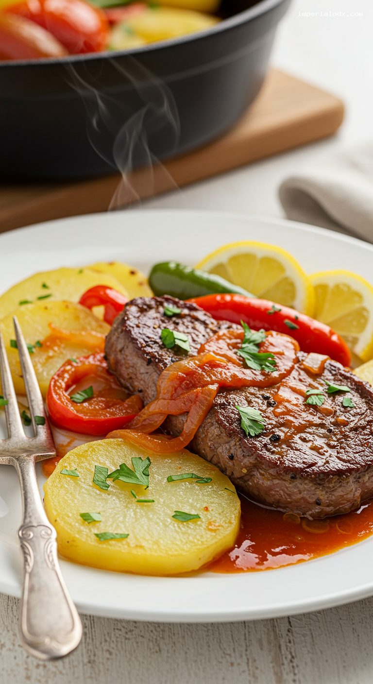 Bifes a la Criolla with Peppers, Potatoes, and Tomato – Closeup