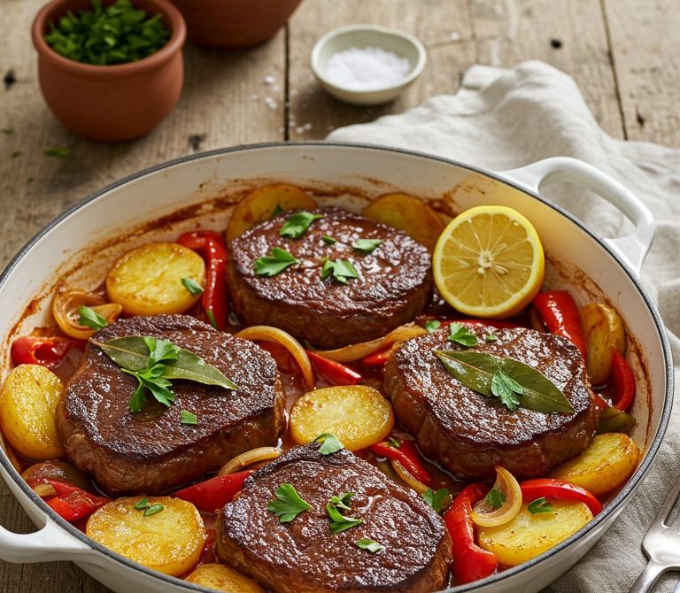 Bifes a la Criolla with Peppers, Potatoes, and Tomato
