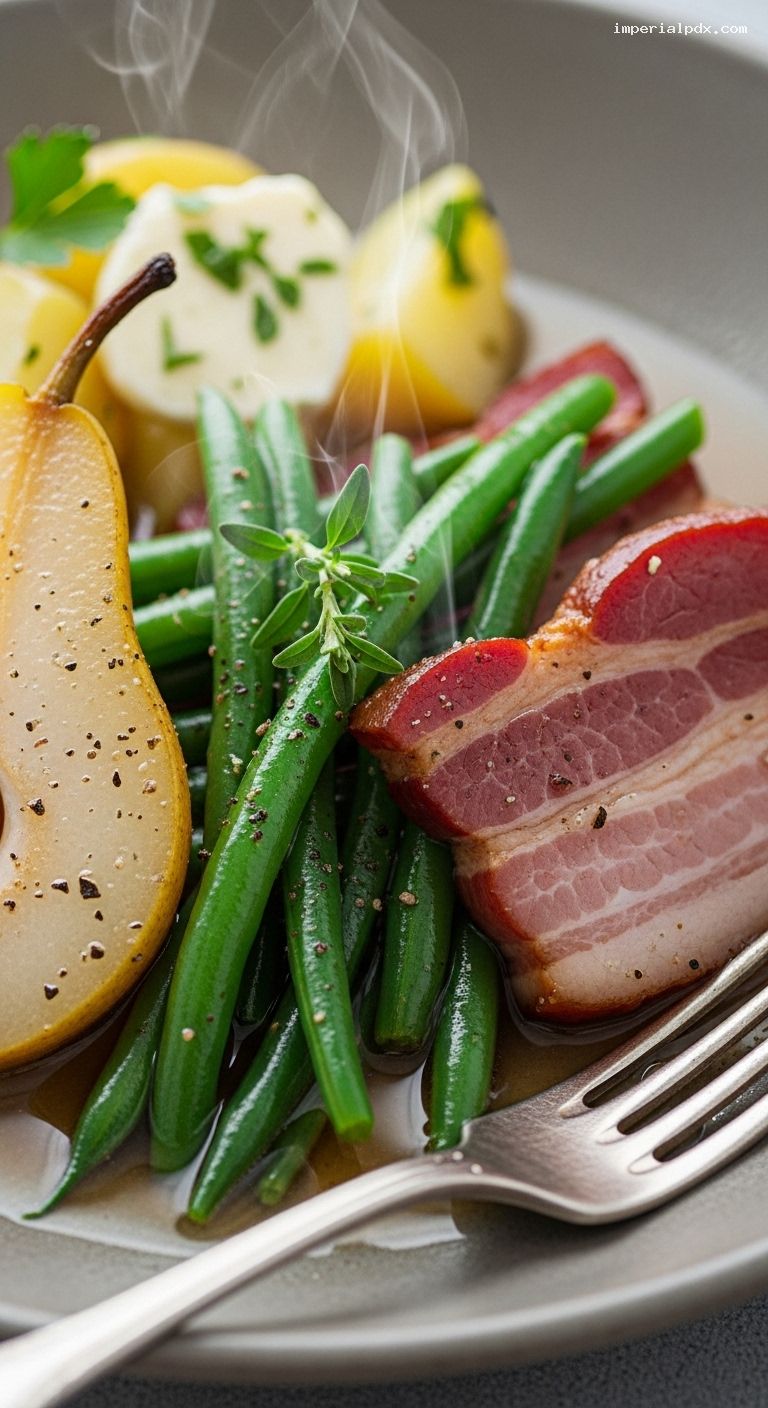 Birnen, Bohnen und Speck (Pears, Beans, and Bacon Stew) – Closeup