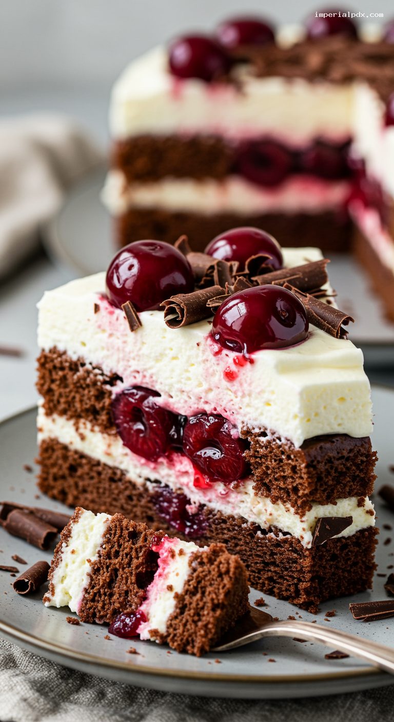 Black Forest Cake with Cherries and Whipped Cream – Closeup