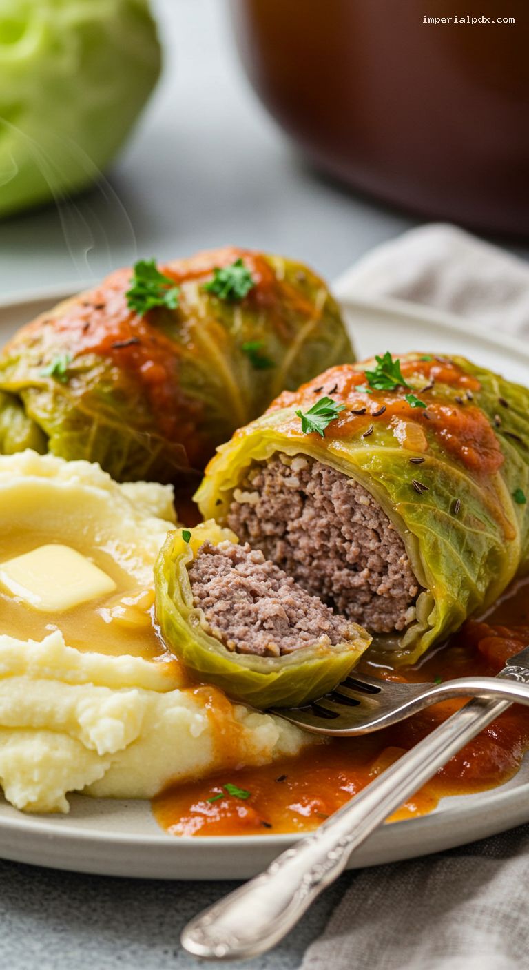 Braised Krautwickel: Cabbage Rolls with Tomato-Caraway Gravy – Closeup