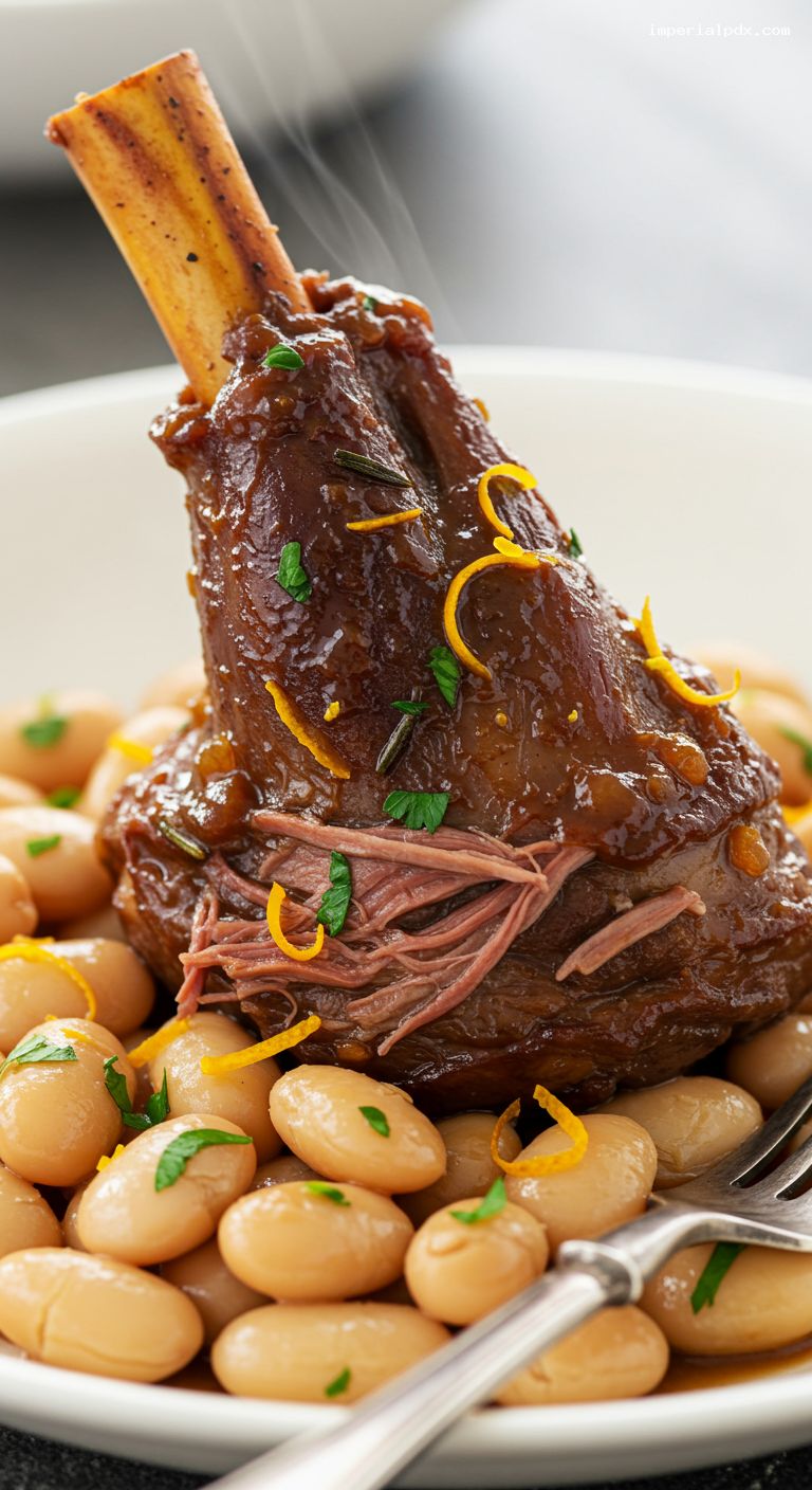 Braised Lamb Shanks with White Beans and Rosemary – Closeup