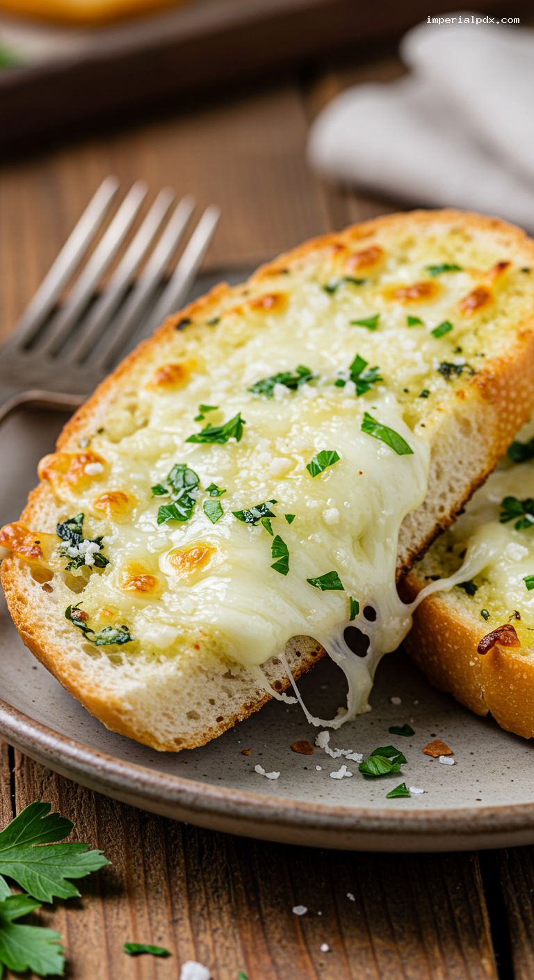 Broiled Cheesy Garlic Bread with Mozzarella and Parmesan – Closeup