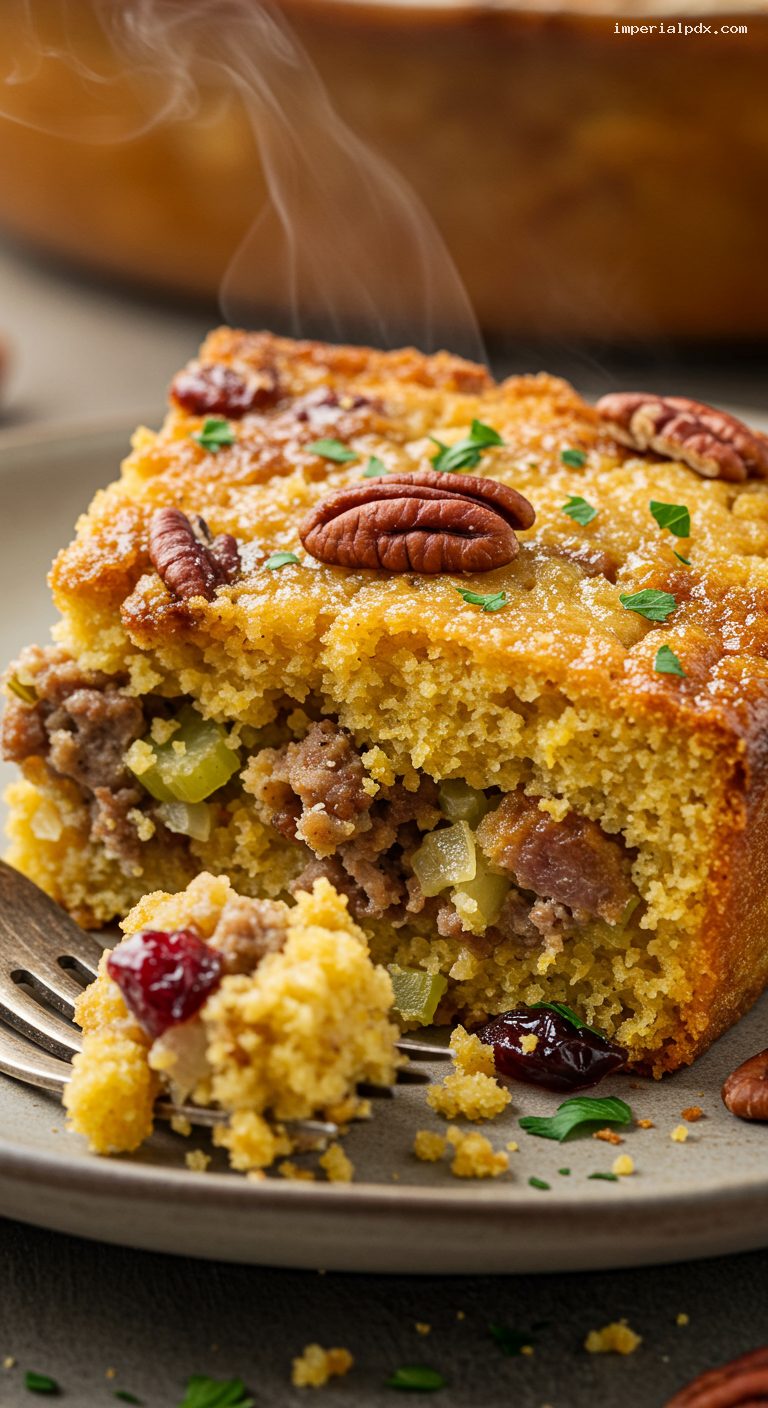 Brown Butter Cornbread Stuffing with Sage Sausage and Cranberries – Closeup