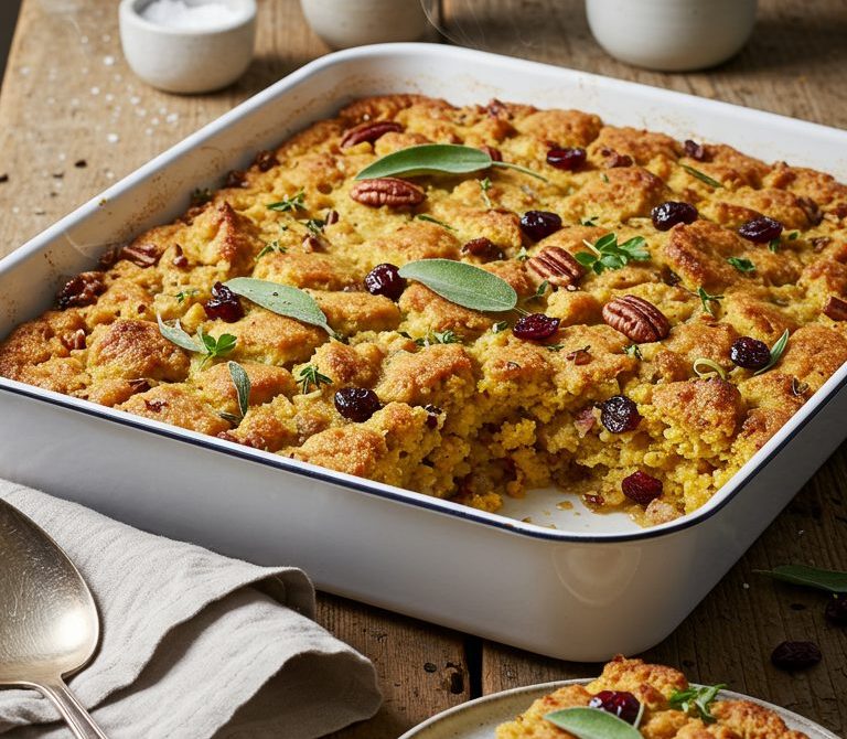 Brown Butter Cornbread Stuffing with Sage Sausage and Cranberries