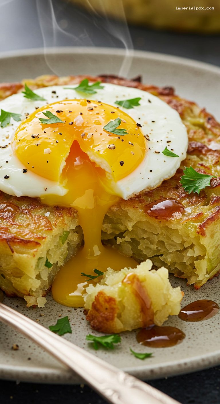 Bubble and Squeak with Runny Fried Egg – Closeup