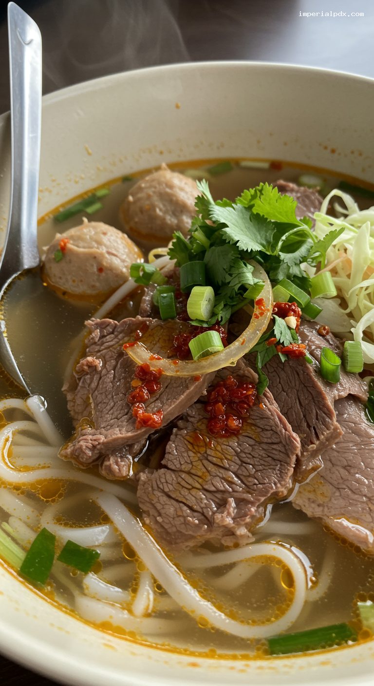 Bún Bò Huế with Lemongrass Broth and Chili Oil – Closeup