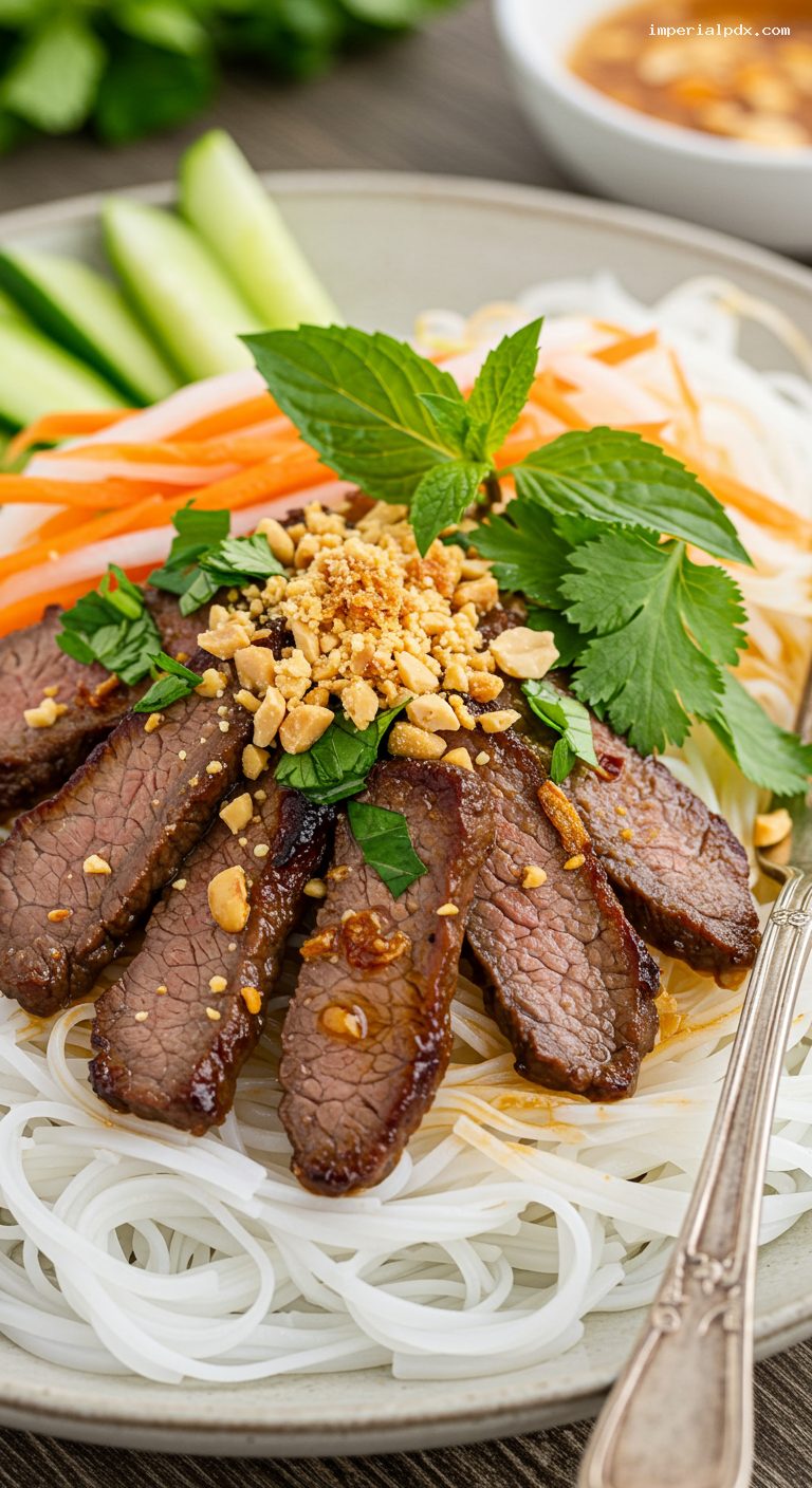 Bun Bo Nam Bo with Herbs and Nuoc Cham – Closeup