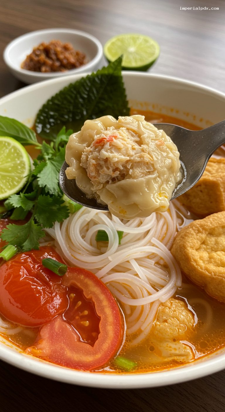 Bun Rieu Cua (Vietnamese Crab and Tomato Noodle Soup) – Closeup