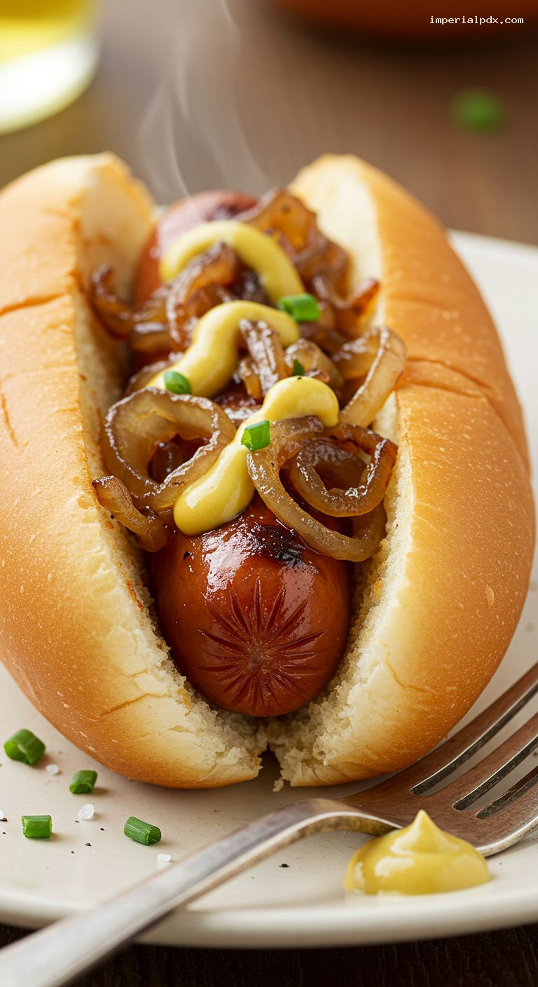 Butter-Seared Hot Dog with Caramelized Onions – Closeup