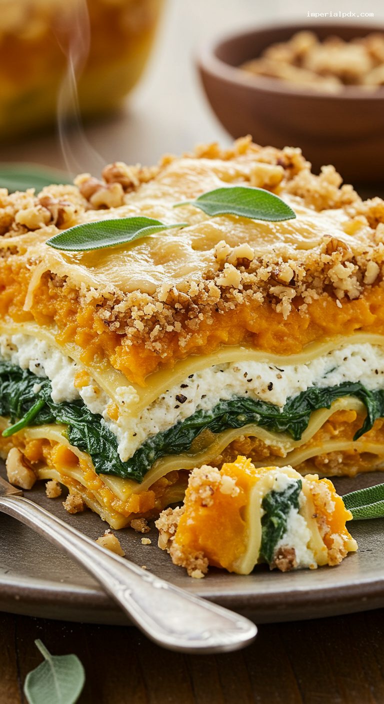 Butternut Spinach Lasagna with Ricotta and Sage – Closeup