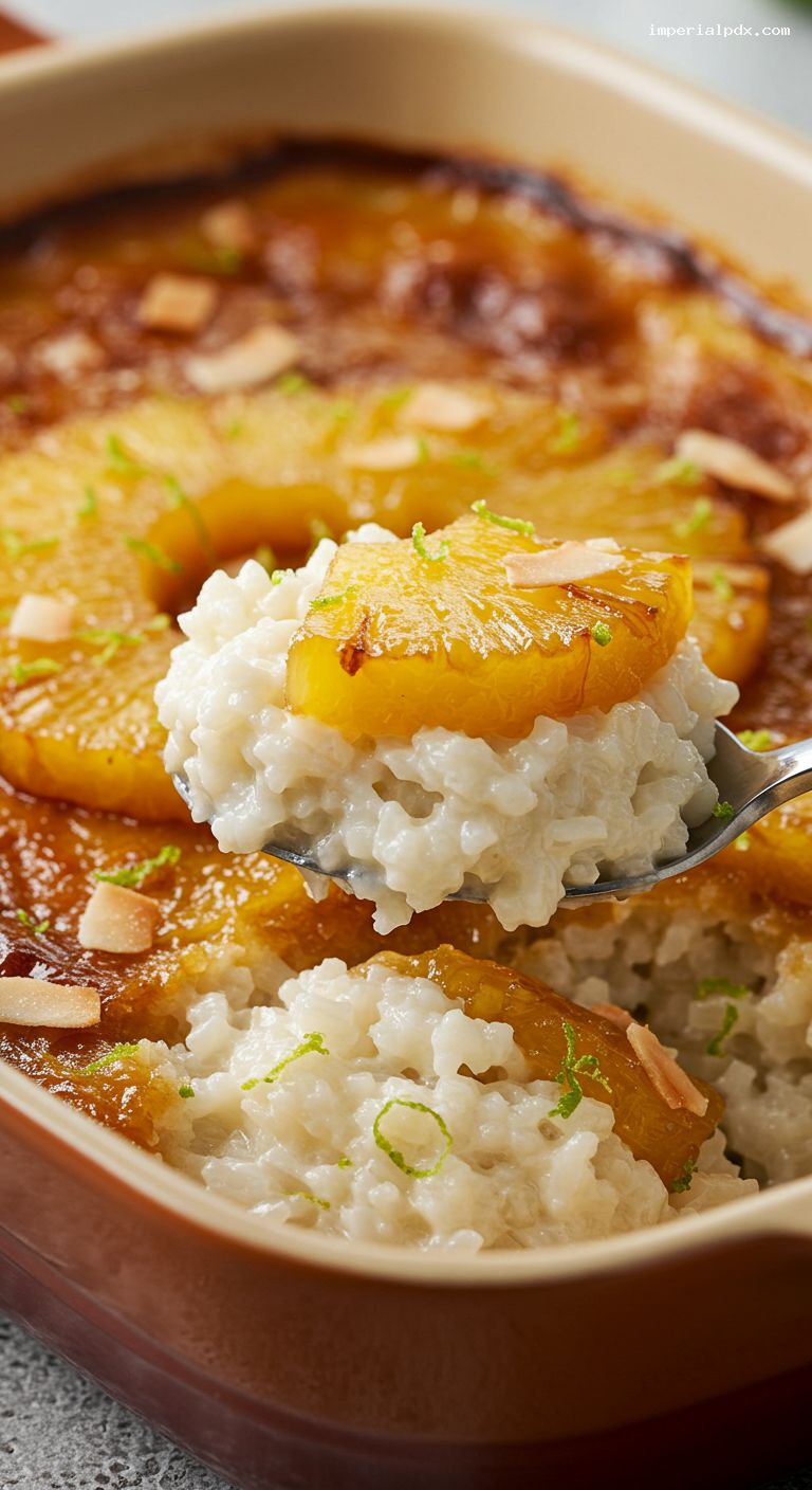 Caramelized Pineapple Coconut Rice Pudding Bake – Closeup