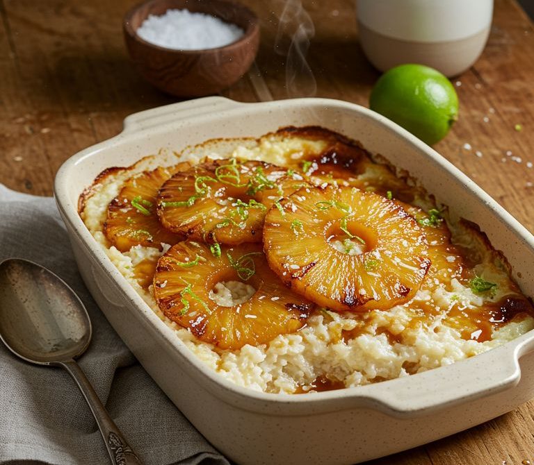 Caramelized Pineapple Coconut Rice Pudding Bake