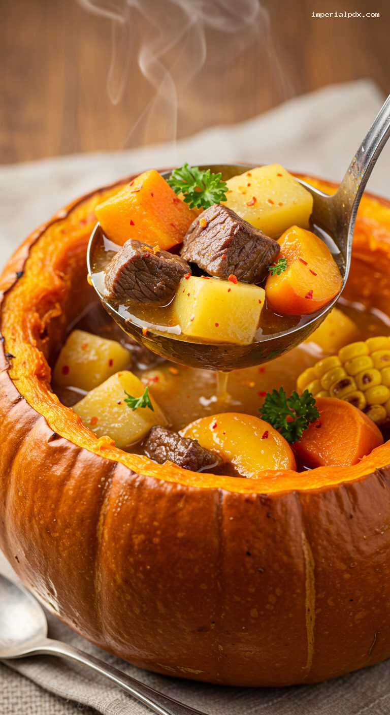Carbonada en Zapallo: Sweet-Savory Beef Stew in Pumpkin – Closeup