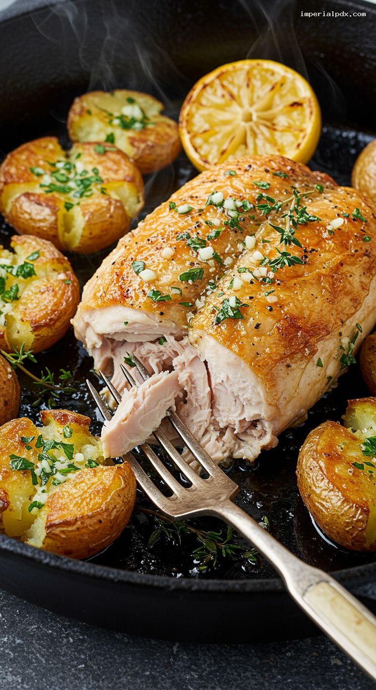 Cast-Iron Garlic Butter Roast Chicken with Crispy Potatoes – Closeup