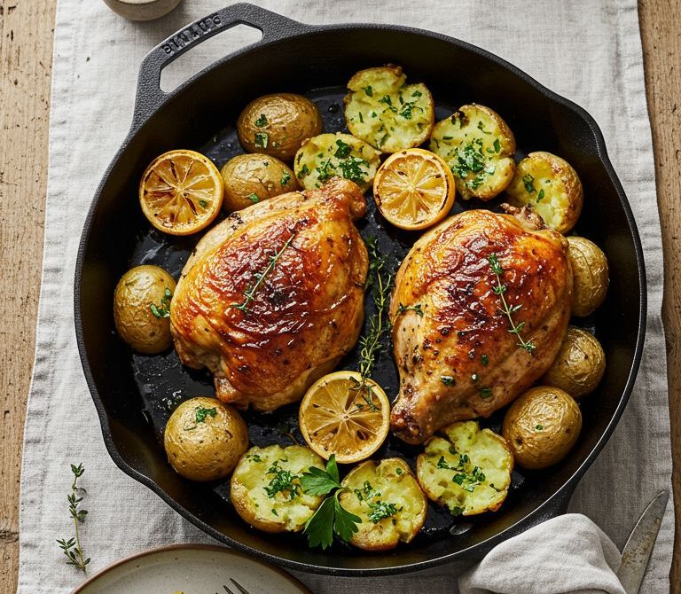 Cast-Iron Garlic Butter Roast Chicken with Crispy Potatoes