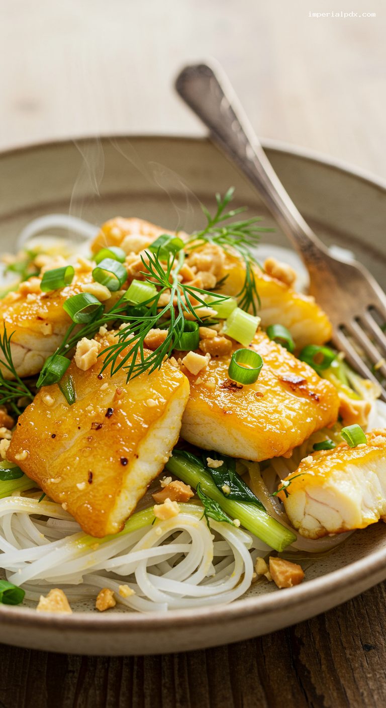 Cha Ca La Vong (Turmeric-Galangal Fish with Dill) – Closeup