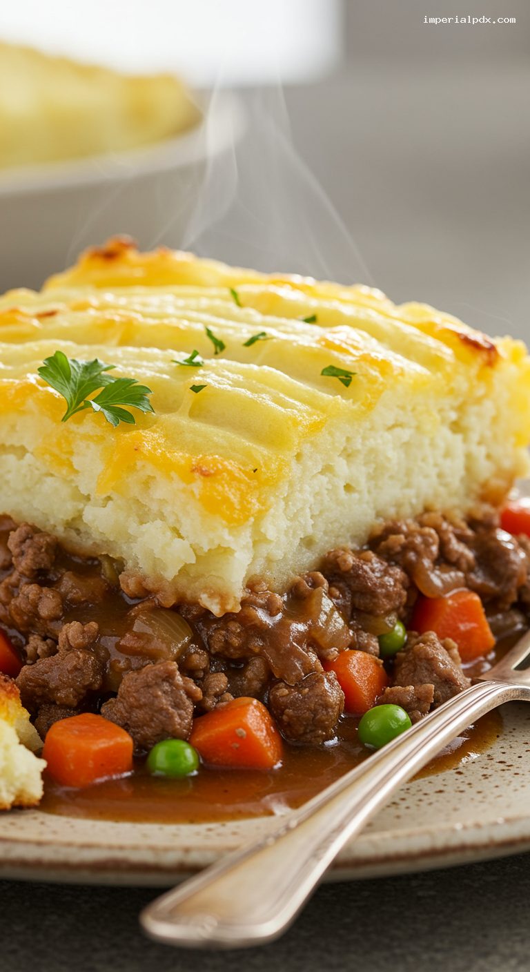 Cheddar-Topped Shepherd’s Pie with Savory Lamb – Closeup