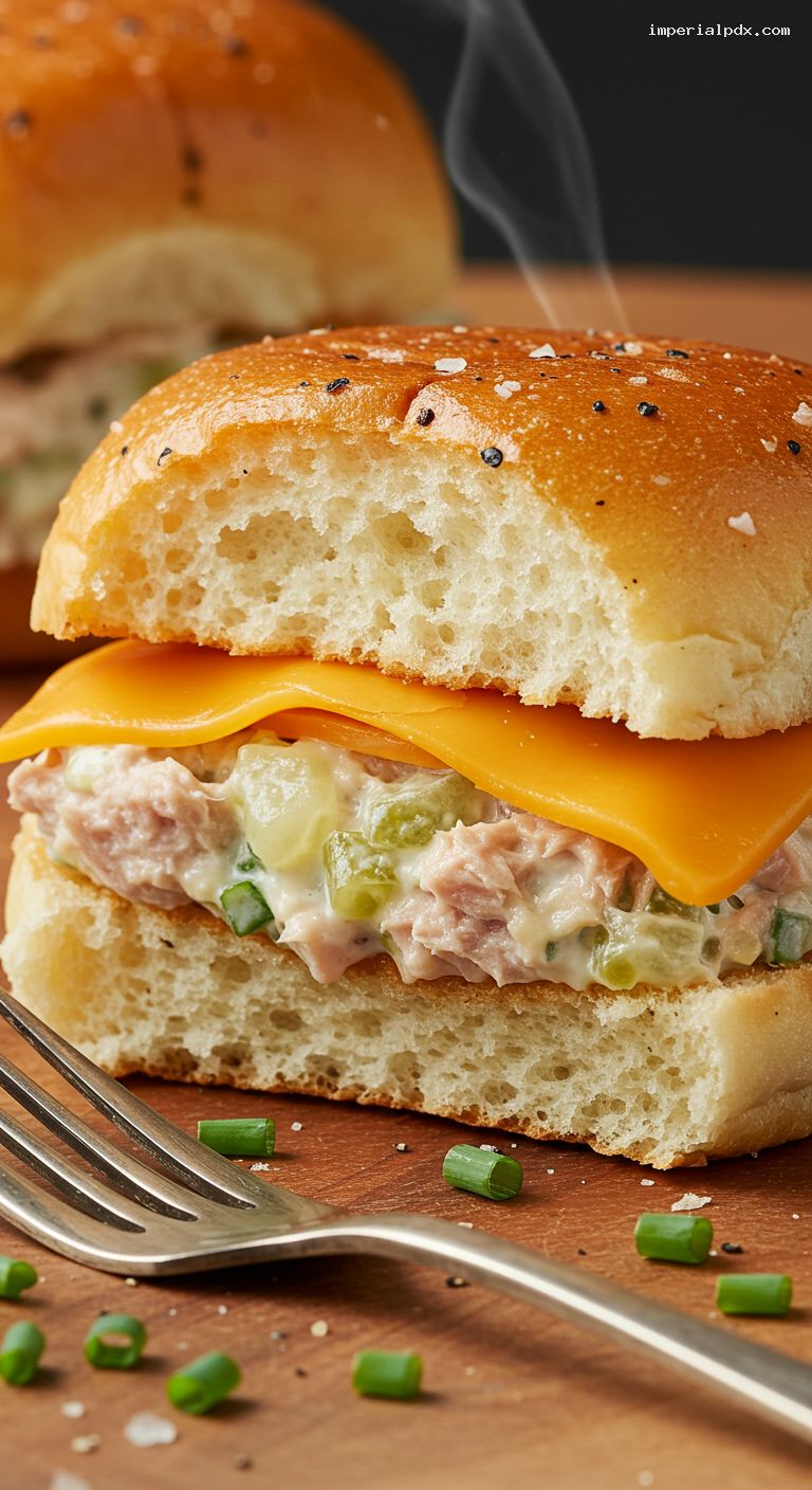 Cheddar Tuna Melt Sliders with Pickle Relish – Closeup