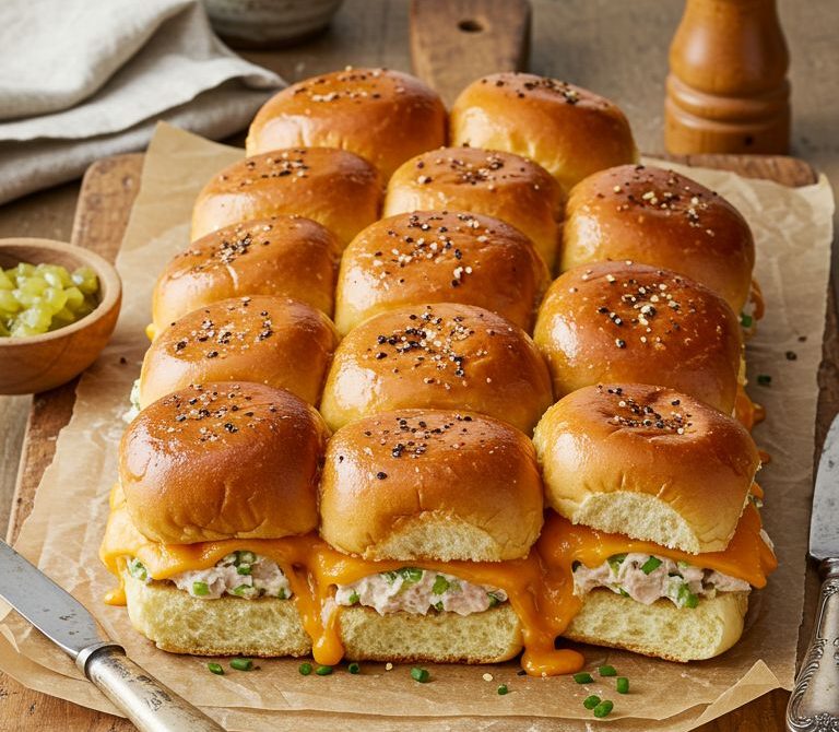 Cheddar Tuna Melt Sliders with Pickle Relish