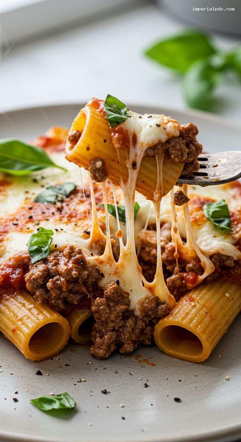 Cheesy Baked Beef Rigatoni with Ricotta and Mozzarella – Closeup