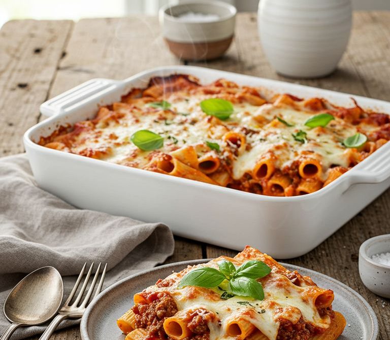 Cheesy Baked Beef Rigatoni with Ricotta and Mozzarella