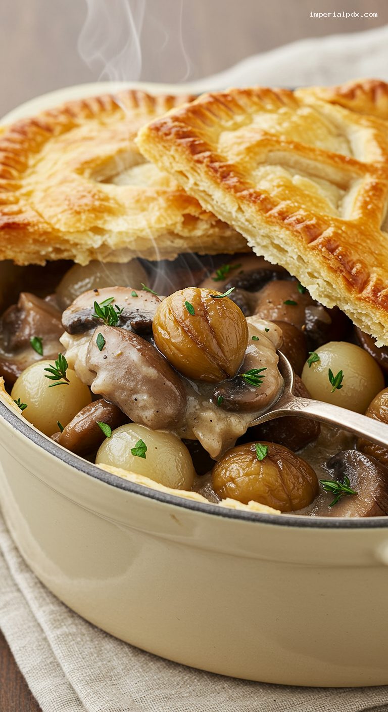 Chestnut and Mushroom Pot Pie with Sherry and Pearl Onions – Closeup