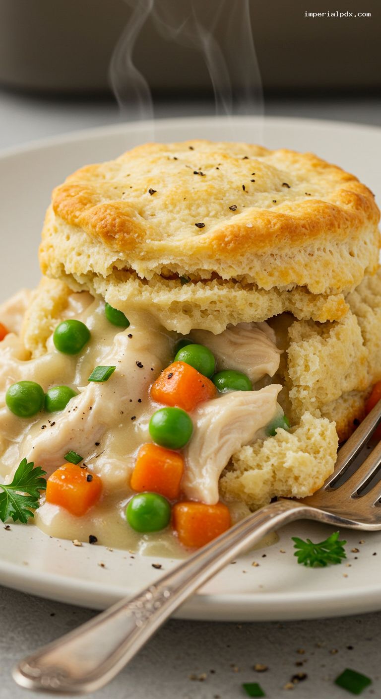 Chicken and Biscuit Casserole with Silky Veggie Gravy – Closeup