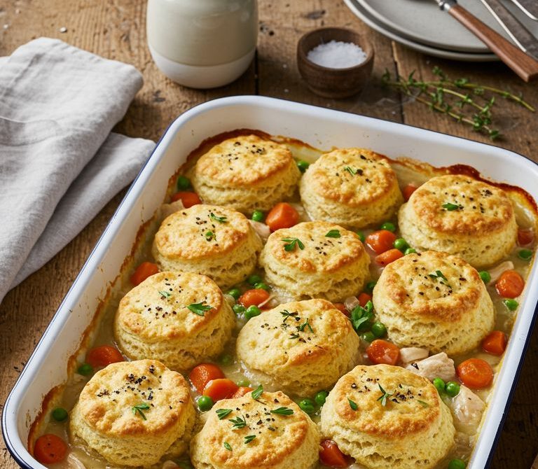 Chicken and Biscuit Casserole with Silky Veggie Gravy