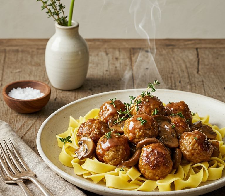 Chicken Marsala Meatballs with Mushroom Sauce Over Egg Noodles
