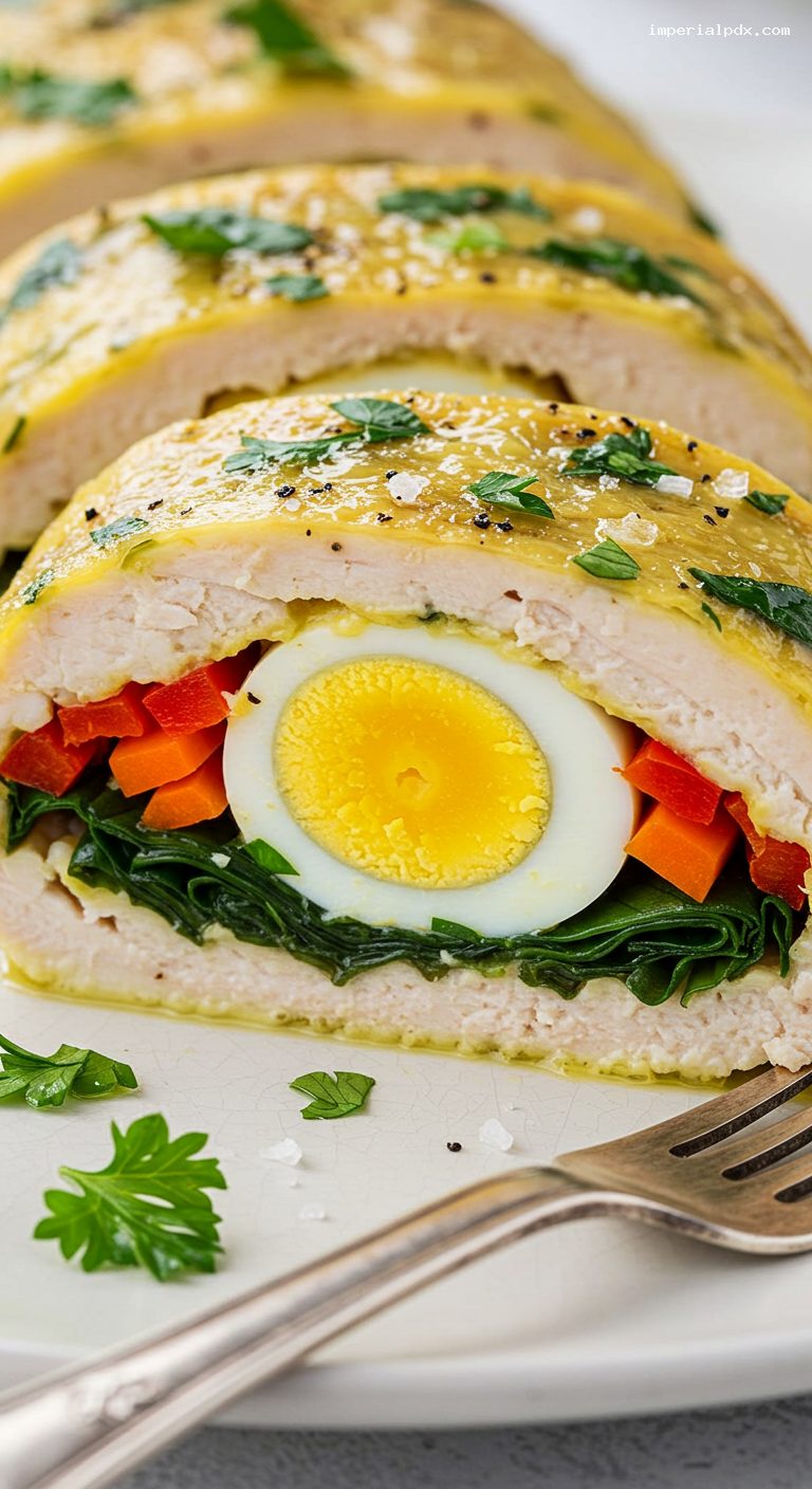 Chicken Roulade with Spinach, Veggies, and Eggs – Closeup