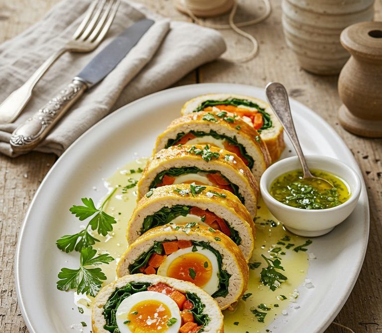 Chicken Roulade with Spinach, Veggies, and Eggs