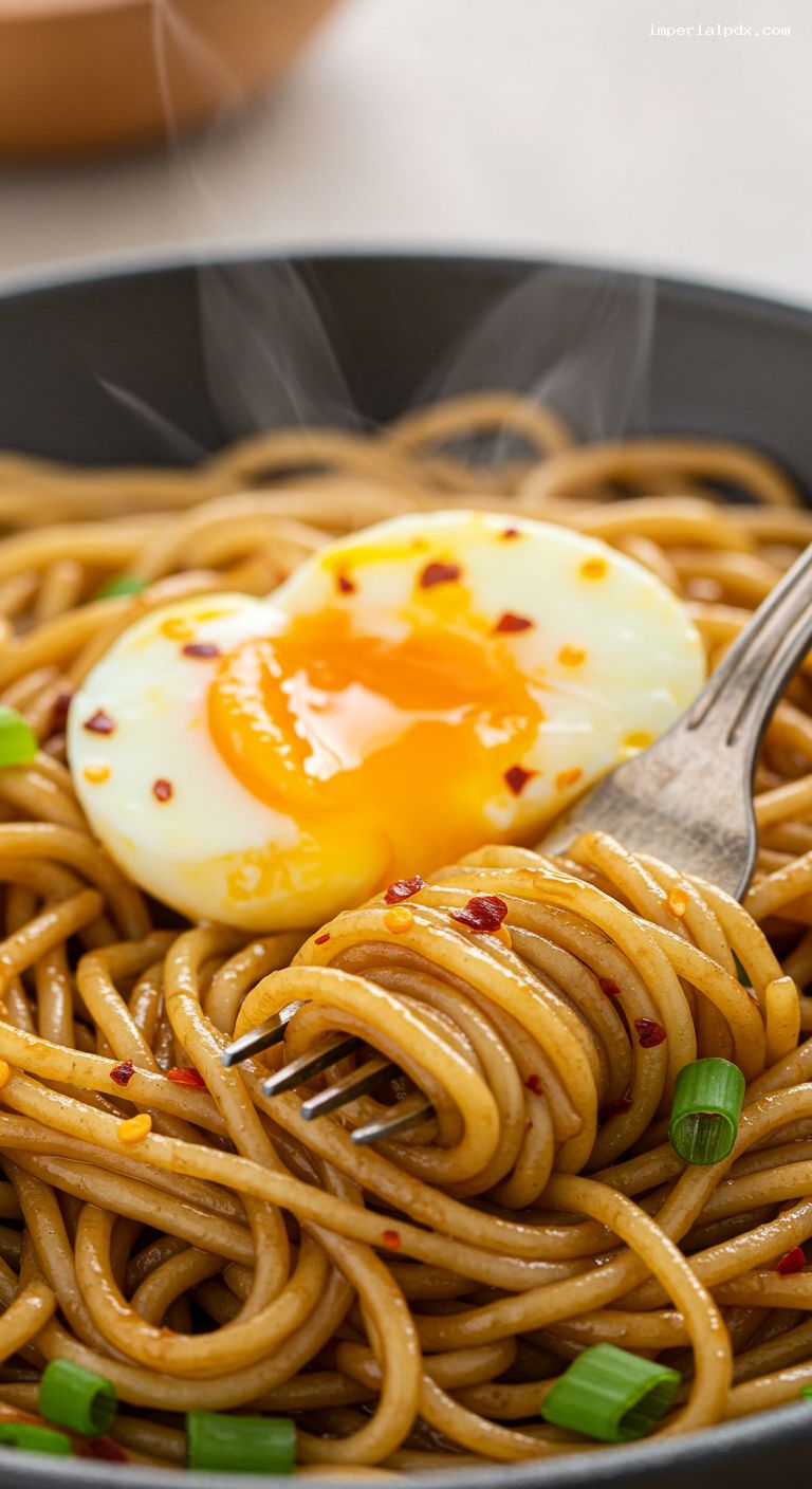 Chili-Honey Butter Skillet Ramen with Jammy Egg – Closeup